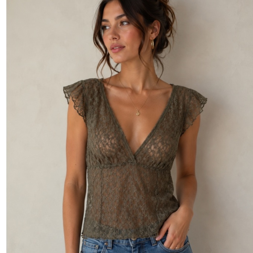 Cotton On Olive Sheer Lace V-Neck Top Fairycore